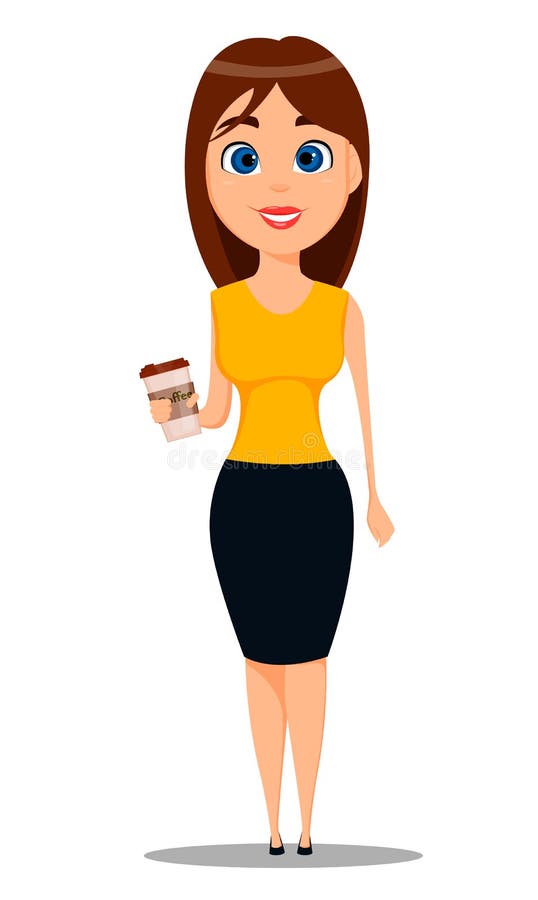 Personaje De Dibujos Animados De La Mujer De Negocios Empresaria Atractiva  Joven En La Ropa Casual Elegante Que Se Coloca Con Caf Ilustración del  Vector - Ilustración de bebida, peinado: 90852112