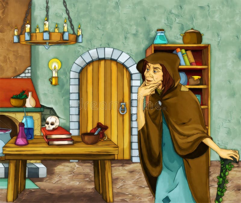 Personaje de dibujos animados del cuento de hadas - vieja bruja en el viejo cuarto stock de ilustración Personaje de dibujos animados del cuento de hadas - vieja bruja en el viejo cuarto stock de ilustración