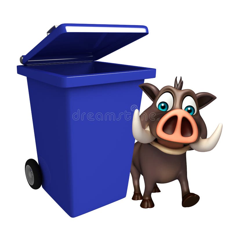 Personaje de dibujos animados lindo del verraco con el cubo de basura stock de ilustración Personaje de dibujos animados lindo del verraco con el cubo de basura stock de ilustración