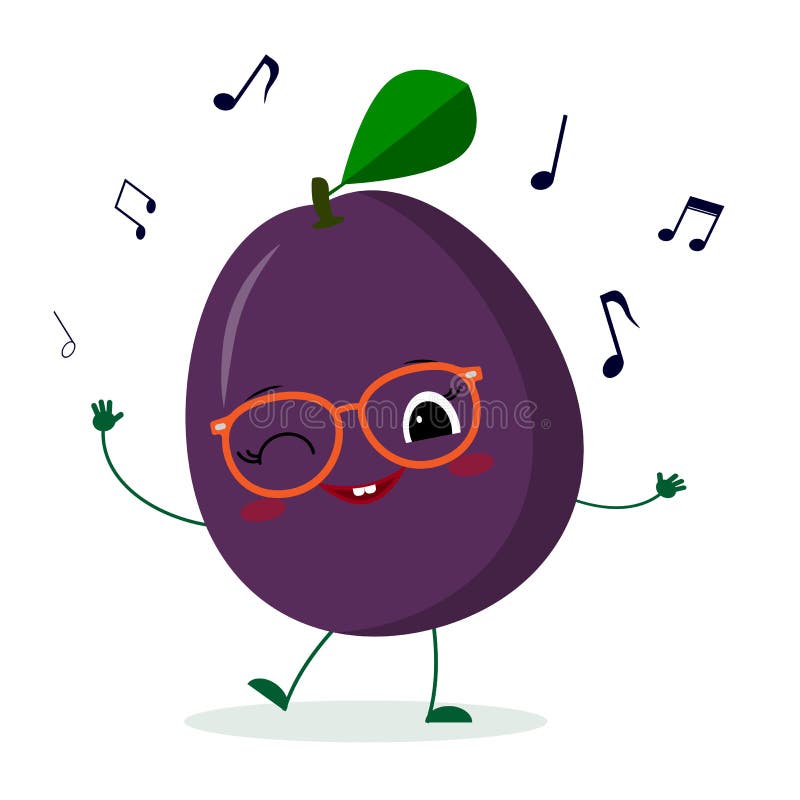 Personaje de dibujos animados púrpura de la fruta del ciruelo lindo de Kawaii en danzas de los vidrios a la música Logotipo, plan ilustración del vector