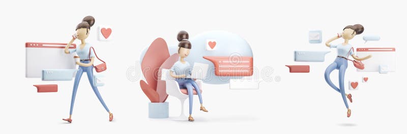 Personaje de dibujos animados que se sienta en una charla de la burbuja Concepto social de los media Sistema de los ejemplos 3d stock de ilustración Personaje de dibujos animados que se sienta en una charla de la burbuja Concepto social de los media Sistema de los ejemplos 3d stock de ilustración