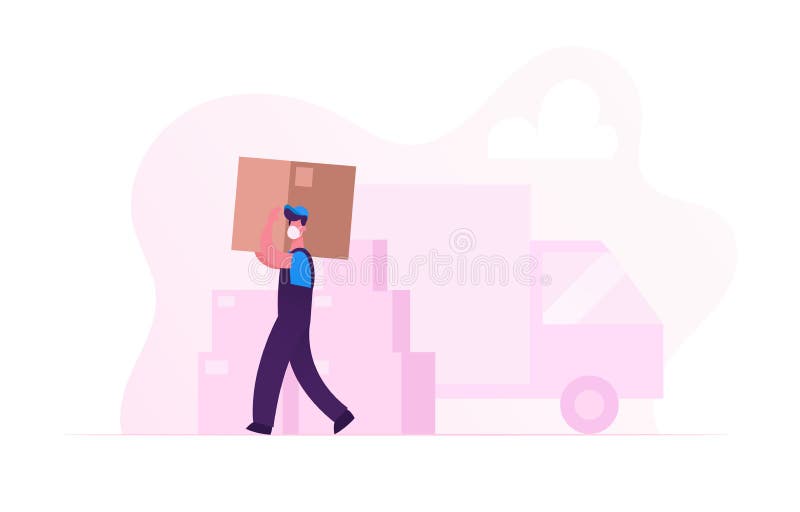 Worker Character in Medical Mask Carry Cardboard Box on Unloading Truck. Relocation and Moving into New House during Covid19 Pandemic. Delivery Company Loader Service. Cartoon Vector Illustration. Worker Character in Medical Mask Carry Cardboard Box on Unloading Truck. Relocation and Moving into New House during Covid19 Pandemic. Delivery Company Loader Service. Cartoon Vector Illustration