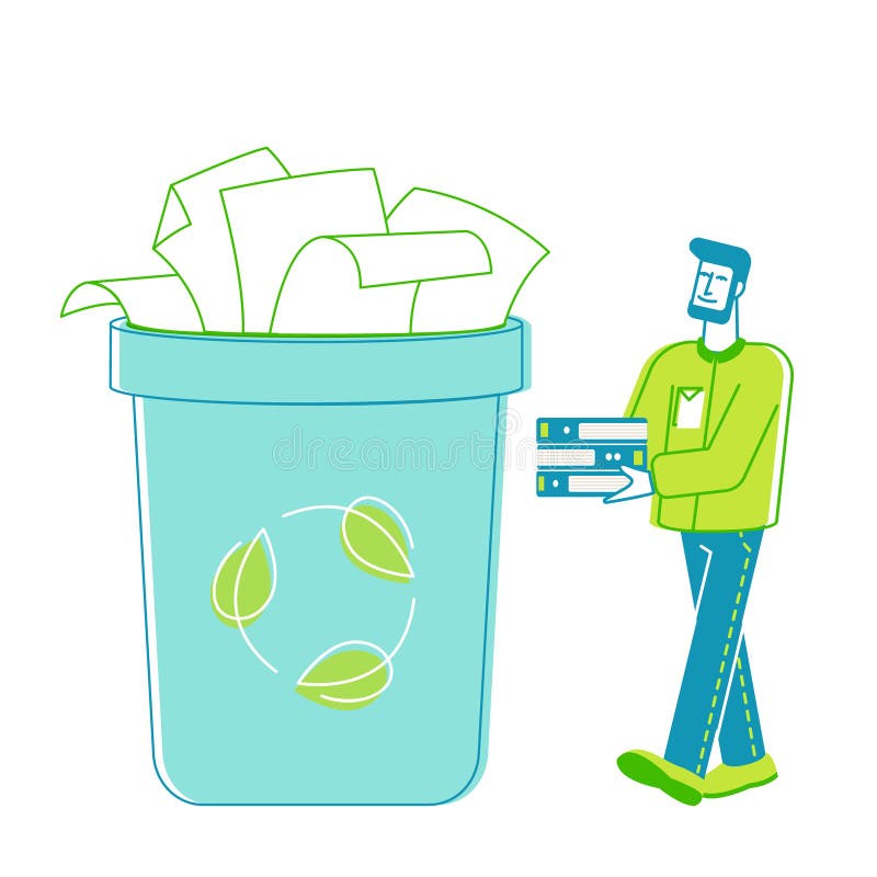 Personaje de voluntariado hombre llevar un montón de hojas de archivo antiguas usadas recolectando basura de los basureros para re stock de ilustración