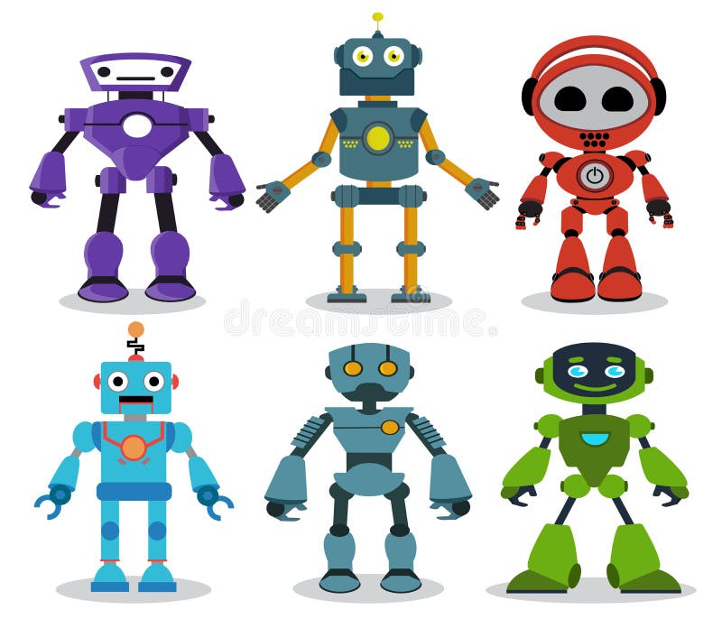 Personaje din desenele vectoriale ale jucăriilor de roboți, setate cu aspect modern și prietenos vector illustration