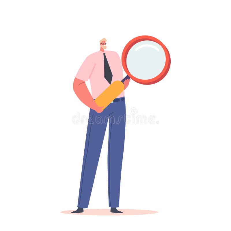 Personaje masculino sostiene una enorme lupa. consulta sobre el concepto de investigación de la información con preguntas frecuent libre illustration