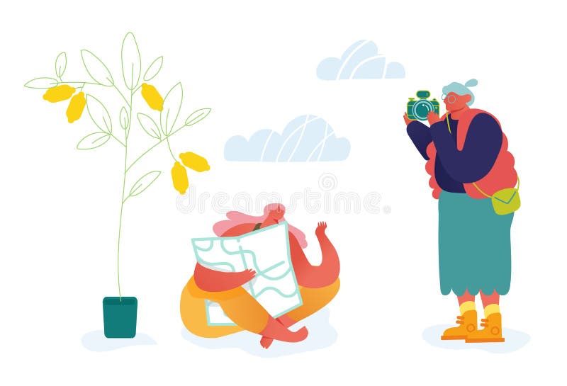 Personaje turistice de rang înalt care urmăresc harta și fac poze în excursie. persoane în vârstă care călătoresc cu camera foto vector illustration