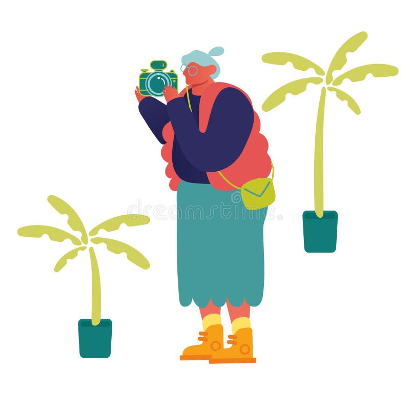 Personaje turistice de rang înalt care vizitează vizoarele, făcând fotografii cu o cameră foto într-o țară exotică. călătorie în v royalty free illustration