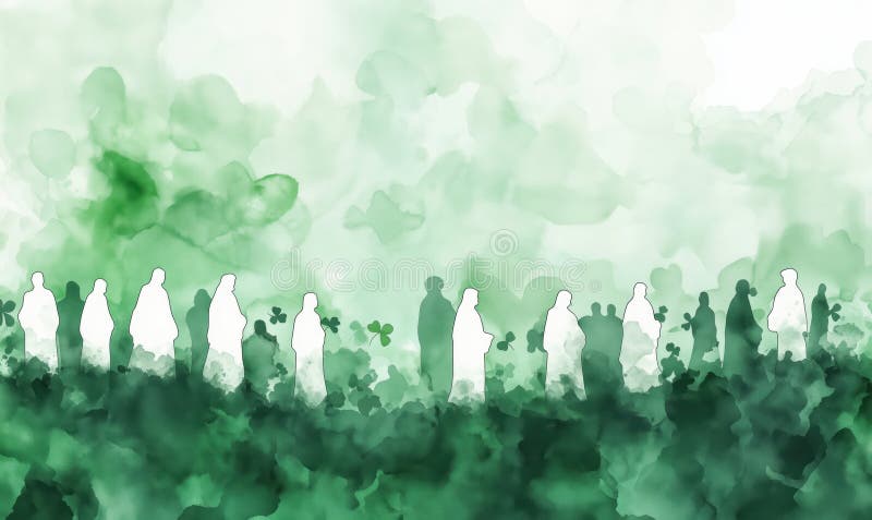 Personaje însilozate într-un peisaj verde în care se simbolizează unitate și speranță înconjurată de frunze abstracte și stock photography