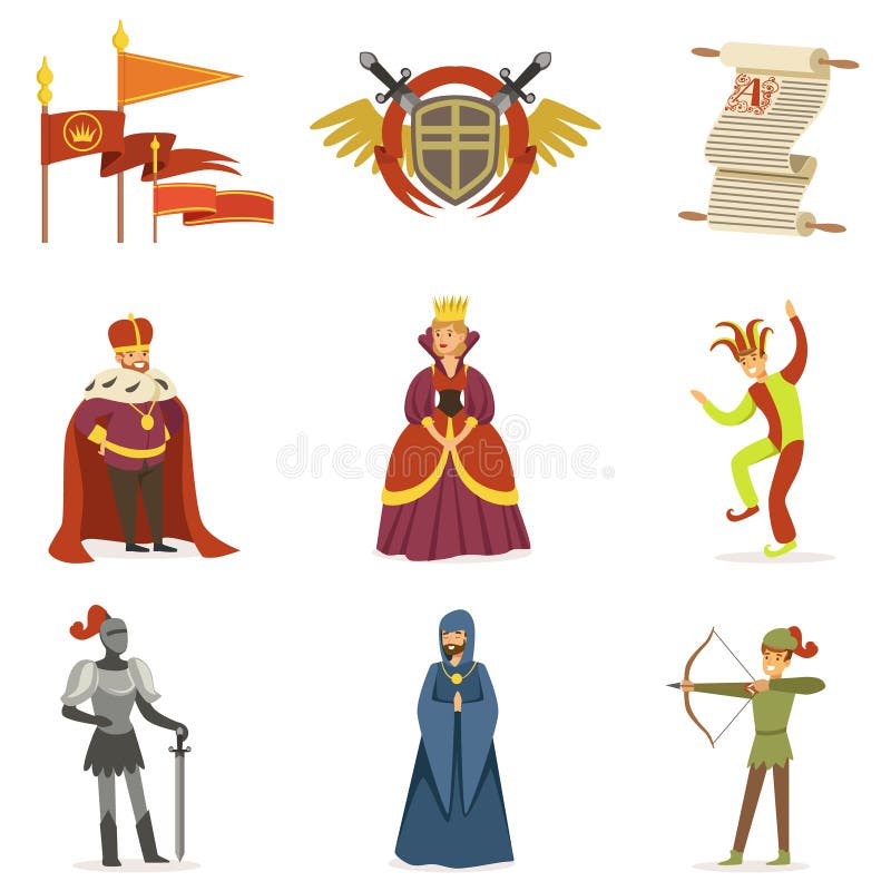 Personajes de dibujos animados medievales y colección europea de las cualidades del período histórico de las Edades Medias de ico stock de ilustración Personajes de dibujos animados medievales y colección europea de las cualidades del período histórico de las Edades Medias de ico stock de ilustración