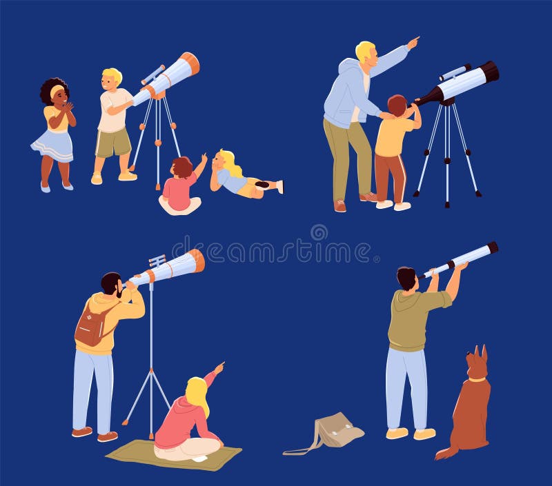 Personajes diversos mirando a través del telescopio conjunto aislado. niños felices padres y niños pareja amorosa y hombre soltero con perro disfrutando de la visita al planetario ilustración vectorial