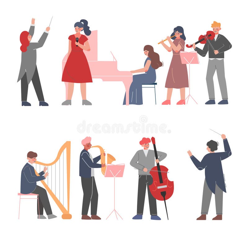 Personajes Musicales Tocando Instrumentos Musicales Tocando Violín Orquesta  Sinfónica Instrumental Clásica Ilustración del Vector - Ilustración de  cantante, flauta: 195137489