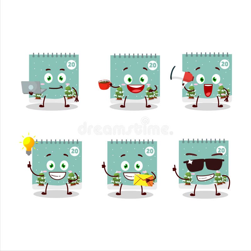 Personajul caricatural din calendarul de 20 decembrie cu diferite tipuri de emotigrame de afaceri stock illustration