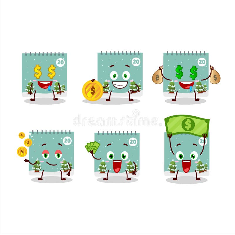 Personajul caricatural din calendarul 20 decembrie cu emoticon drăguț aduce bani vector illustration
