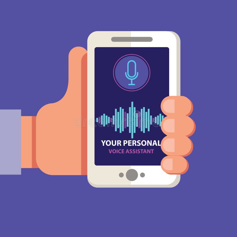 Personal assistant and voice recognition on mobile app. Concept flat vector illustration of human hand holds smartphone royalty free illustration Personal assistant and voice recognition on mobile app. Concept flat vector illustration of human hand holds smartphone royalty free illustration