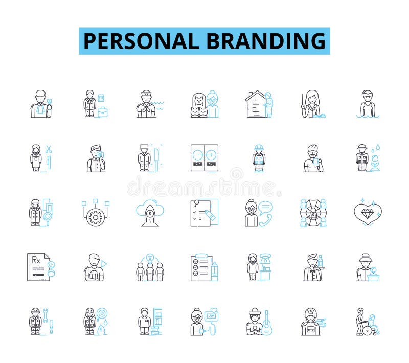 Personal branding linear icons set. Identity, Image, Reputation, Presence, Storytelling, Authenticity, Consistency line. Identity, Image, Reputation, Presence, Storytelling, Authenticity, Consistency vector symbols and line concept signs. Clarity,Perception,Messaging illustration.