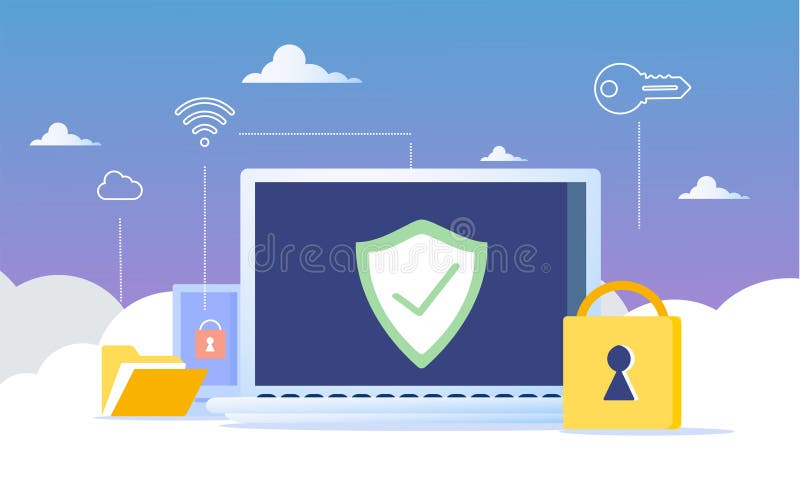 Personal data security in isometric vector illustration. Online file server protection system concept with computer. Secure information transfer background template for web banner. Cloud web.
