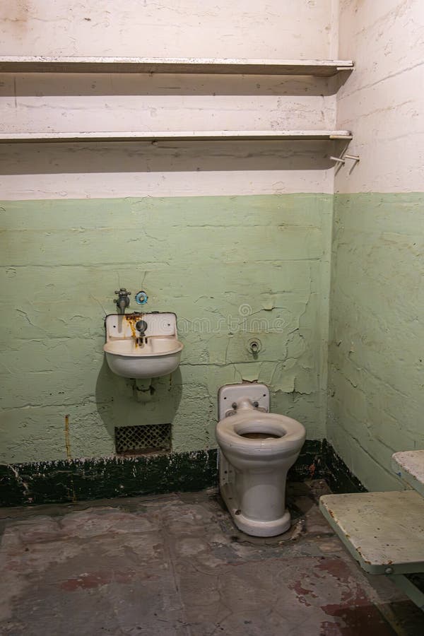 San Francisco, CA, USA - July 12, 2023: Inside historic Alcatraz prison. Closeup of personal hygiene cell facilities. San Francisco, CA, USA - July 12, 2023: Inside historic Alcatraz prison. Closeup of personal hygiene cell facilities