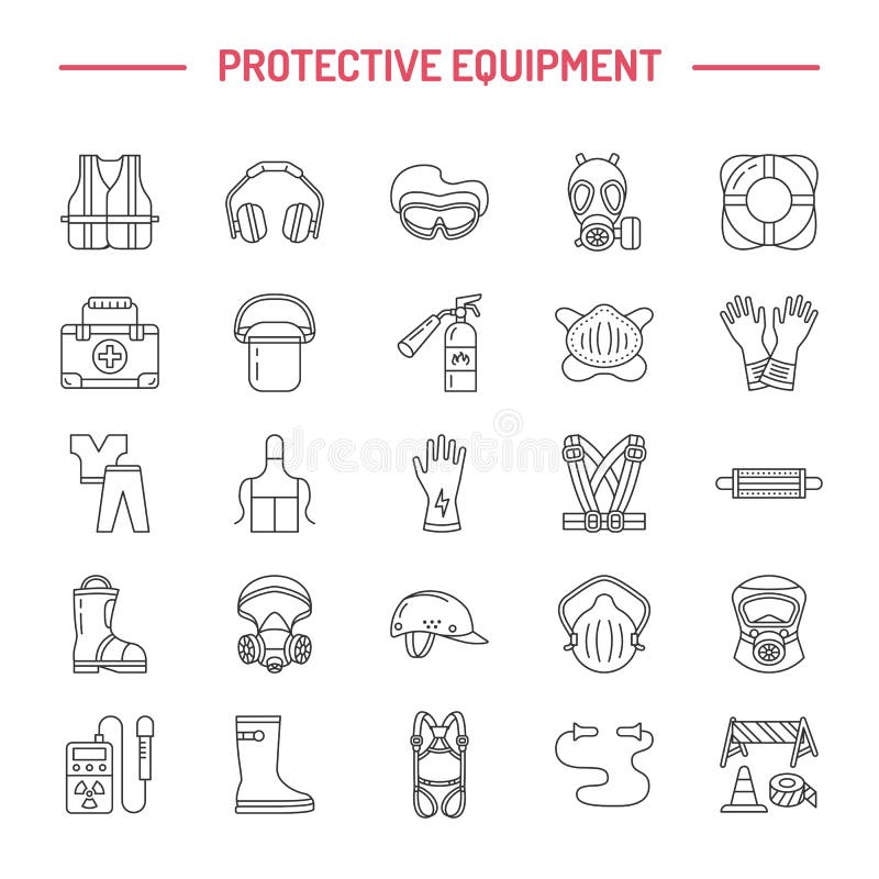 Personal Protective Equipment Line Icons. Gas Mask, Ring Buoy ...