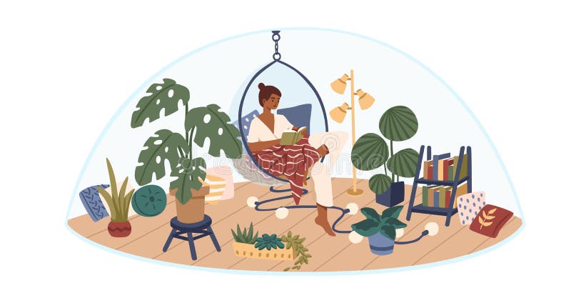 Personal space concept flat vector illustration. Selftime. Girl sitting in comfortable hanging chair, covered in blanket and reading book. Indoor garden, cute and comfy interior design