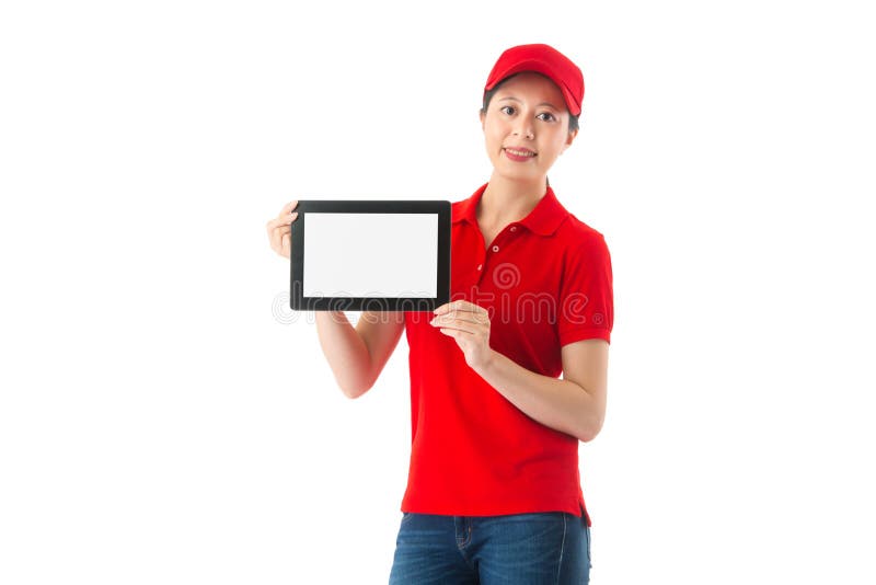 Personale abbastanza attraente della società di consegna della donna fotografie stock libere da diritti Personale abbastanza attraente della società di consegna della donna fotografie stock libere da diritti