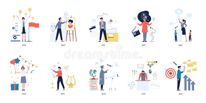 set of flat cartoon characters represents personalities from MBTI typology  isolated on white backgorund Stock Vector