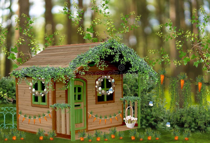 Personalized Easter Decoration with House, Plants, and Easter Eggs for