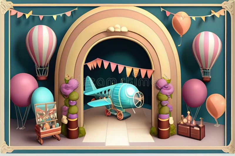 Personalized Romantic Balloon Arch Decoration with Bear Aviator and Lights for First Birthday, Made with Generative AI royalty free stock photo