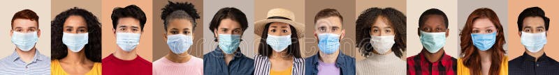 Personas de diferentes nacionalidades protegiéndose contra la epidemia de cómodos con antecedentes de color pancarta foto de archivo