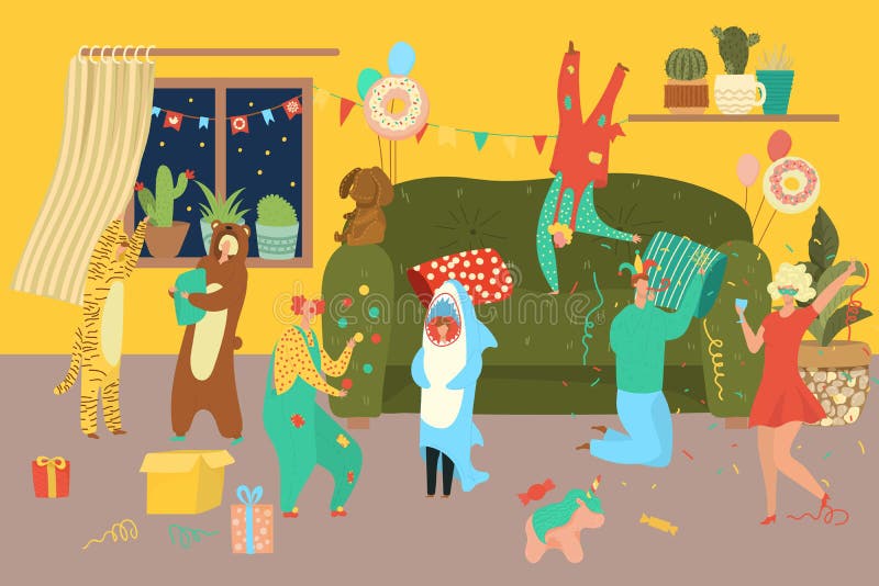 Personas disfrazadas en la sala de fiestas de carnaval, amigos celebrando cumpleaños o Halloween, niños de celebración caricatura ilustración del vector Personas disfrazadas en la sala de fiestas de carnaval, amigos celebrando cumpleaños o Halloween, niños de celebración caricatura ilustración del vector