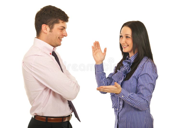 Happy business team having conversation isolated on white background. Happy business team having conversation isolated on white background