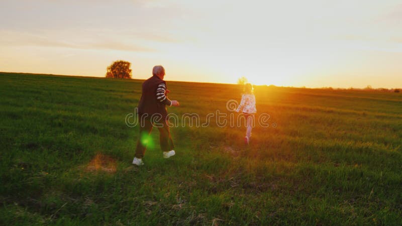 Personas mayores activas La mujer mayor está corriendo alrededor con su nieta sobre un prado verde, jugando dogganiks En