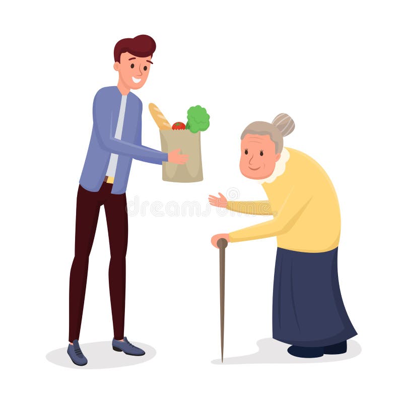 Helping elderly people flat vector illustration. Young man, social worker, volunteer delivering food, doing purchases for old, senile person. Cartoon grandson visiting grandma with grocery products. Helping elderly people flat vector illustration. Young man, social worker, volunteer delivering food, doing purchases for old, senile person. Cartoon grandson visiting grandma with grocery products