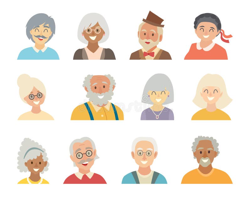 Personas mayores de los iconos del sistema del vector Cara de las personas mayores de los iconos Cara del estilo de la historieta stock de ilustración Personas mayores de los iconos del sistema del vector Cara de las personas mayores de los iconos Cara del estilo de la historieta stock de ilustración