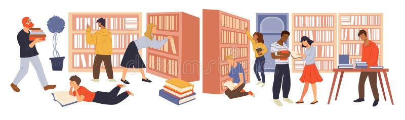 Personas Que Buscan Libros En Biblioteca O Tiendas Ilustración del Vector -  Ilustración de escuela, estudio: 214881056