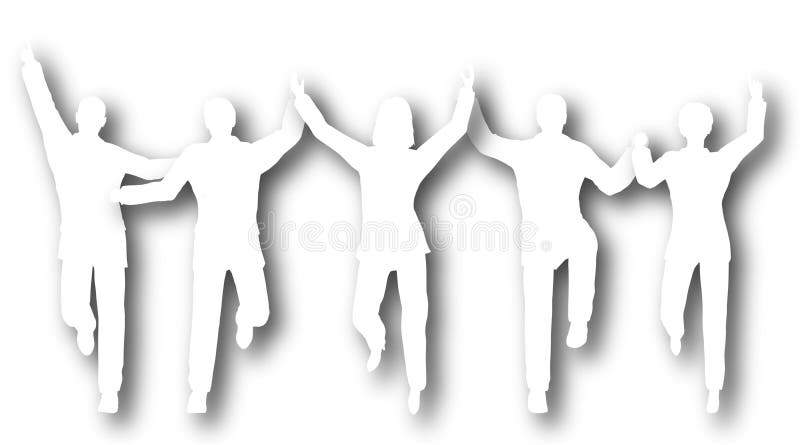 Silhouettes of a cutout business team crossing a finishing line. Silhouettes of a cutout business team crossing a finishing line