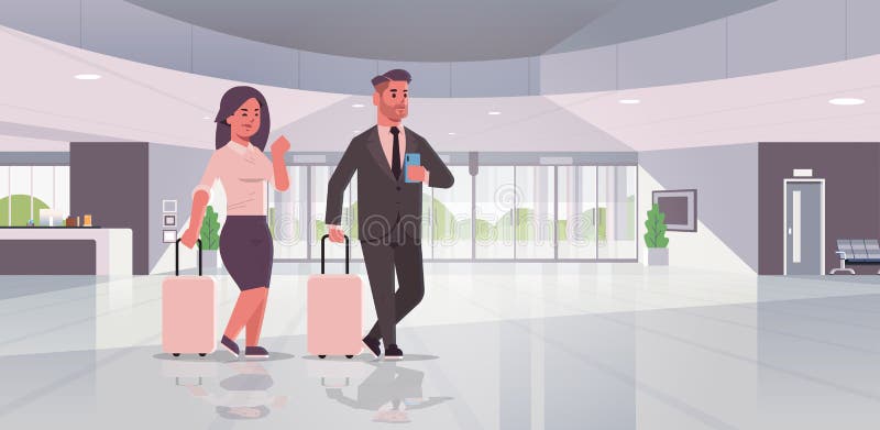 Persone di affari con la condizione delle coppie dei bagagli all'ingresso contemporaneo della valigia della tenuta della donna de illustrazione vettoriale Persone di affari con la condizione delle coppie dei bagagli all'ingresso contemporaneo della valigia della tenuta della donna de illustrazione vettoriale