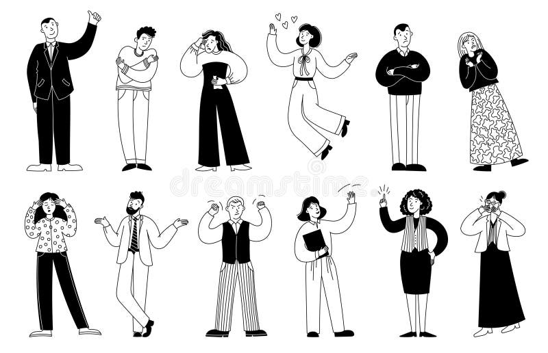 Persone emotive a scarabocchio. Espressioni emotive per persona ritraggono l'uomo donna che esprime emozioni felici e tristi emozi royalty illustrazione gratis