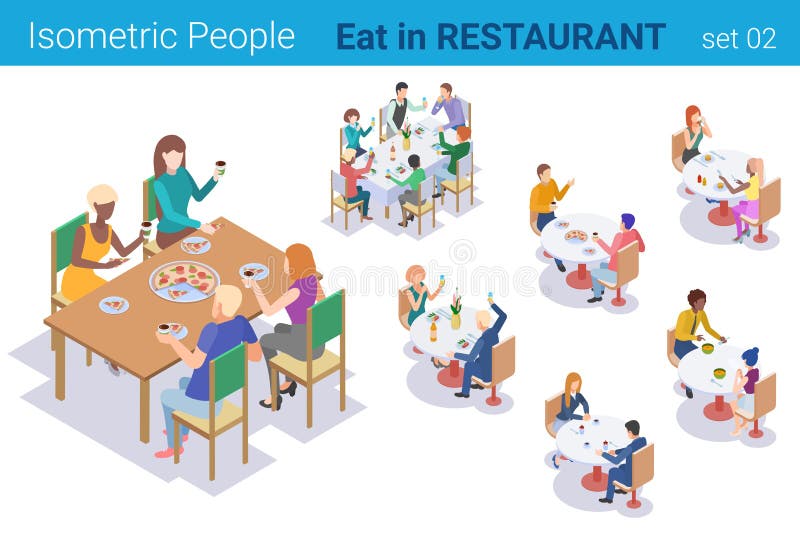 Persone isometriche sedute a Table Eating and Talks in Restaurant flat vector collection illustrazione vettoriale