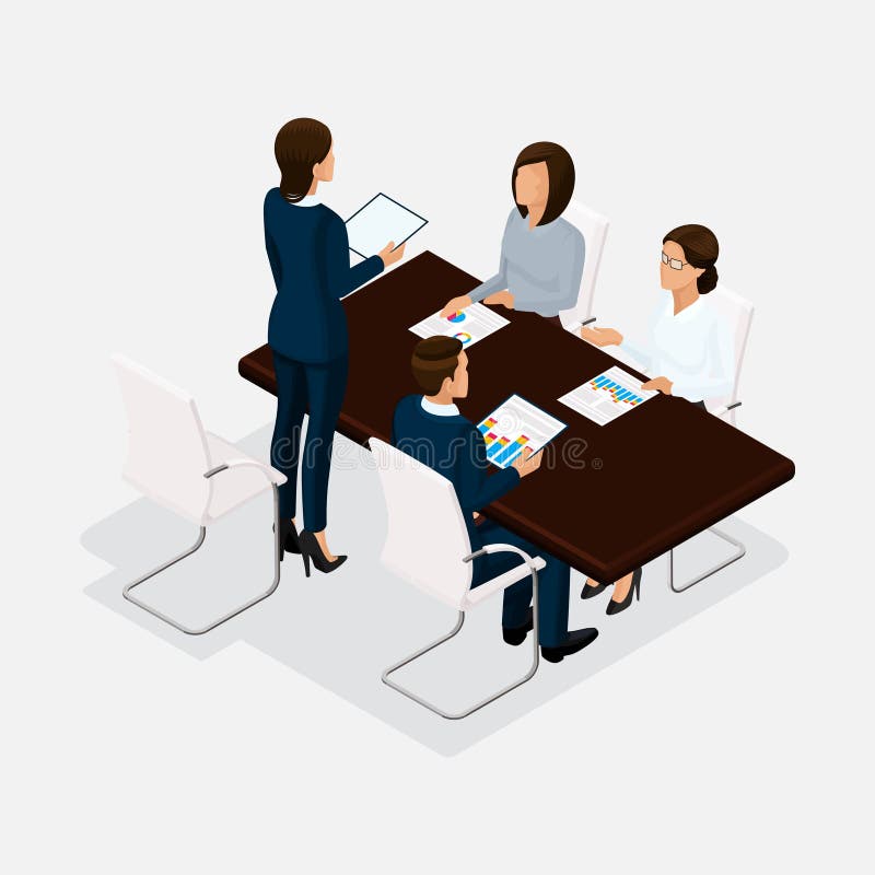 Isometric people, businessmen 3D business woman. Discussion, negotiation concept work, brainstorming. Director negotiating table isolated. Isometric people, businessmen 3D business woman. Discussion, negotiation concept work, brainstorming. Director negotiating table isolated.