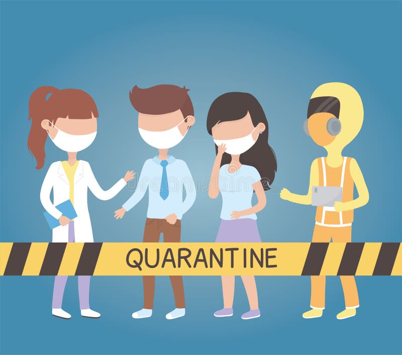 Virus covid 19 quarantine, staff medical people patients with mask and protective suit vector illustration. Virus covid 19 quarantine, staff medical people patients with mask and protective suit vector illustration