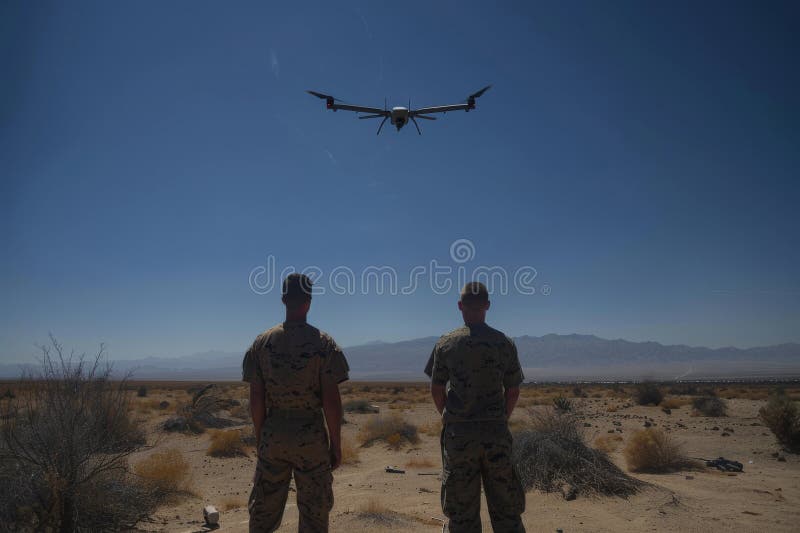 Personel straży morskiej monitorujący nadzór dronów w szkoleniach pustynnych ilustracji