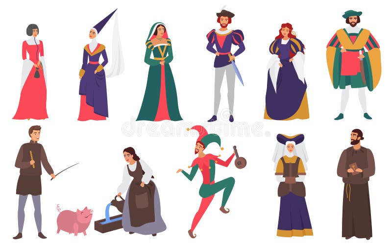 Medieval people vector illustration flat set. Cartoon medieval person history collection of man woman characters in old historical aristocrat costumes, peasant farmer, priest, jester isolated on white. Medieval people vector illustration flat set. Cartoon medieval person history collection of man woman characters in old historical aristocrat costumes, peasant farmer, priest, jester isolated on white