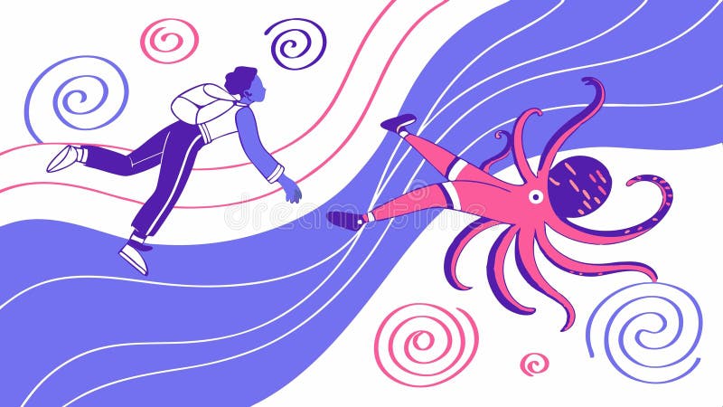 Människor som interagerar med abstrakta flödande vätskeformer, illustration, vektor design, generativ AI stock illustrationer