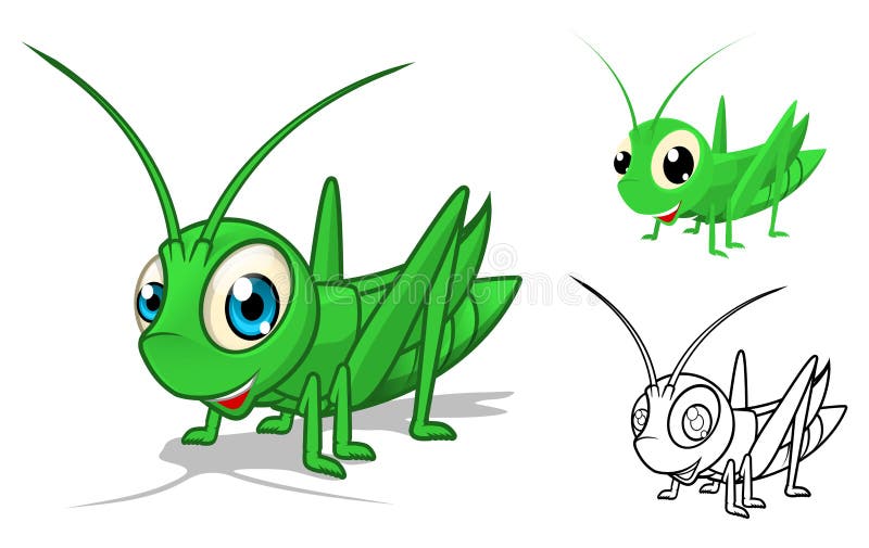 Personnage de dessin animé détaillé de sauterelle avec la conception et la ligne plate Art Black et la version blanche