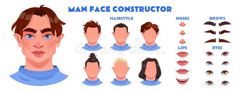 Face man character. Constructor avatar, construction animation. Hairstyle male, design eye, eyebrow, different hair and smile. Attractive young boy cartoon illustration. Vector tidy person creation. Face man character. Constructor avatar, construction animation. Hairstyle male, design eye, eyebrow, different hair and smile. Attractive young boy cartoon illustration. Vector tidy person creation