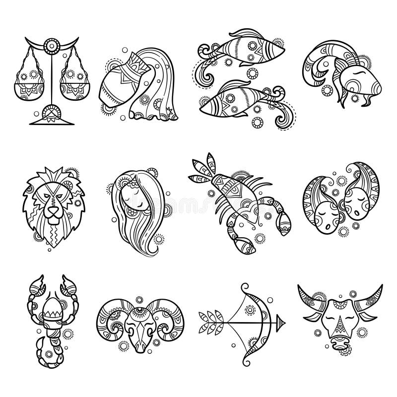 Zodiac characters. Astrology horoscope signs tattoos lion aries fish cancer vector graphics. Illustration sagittarius and aries, taurus and lion, aquarius and cancer. Zodiac characters. Astrology horoscope signs tattoos lion aries fish cancer vector graphics. Illustration sagittarius and aries, taurus and lion, aquarius and cancer