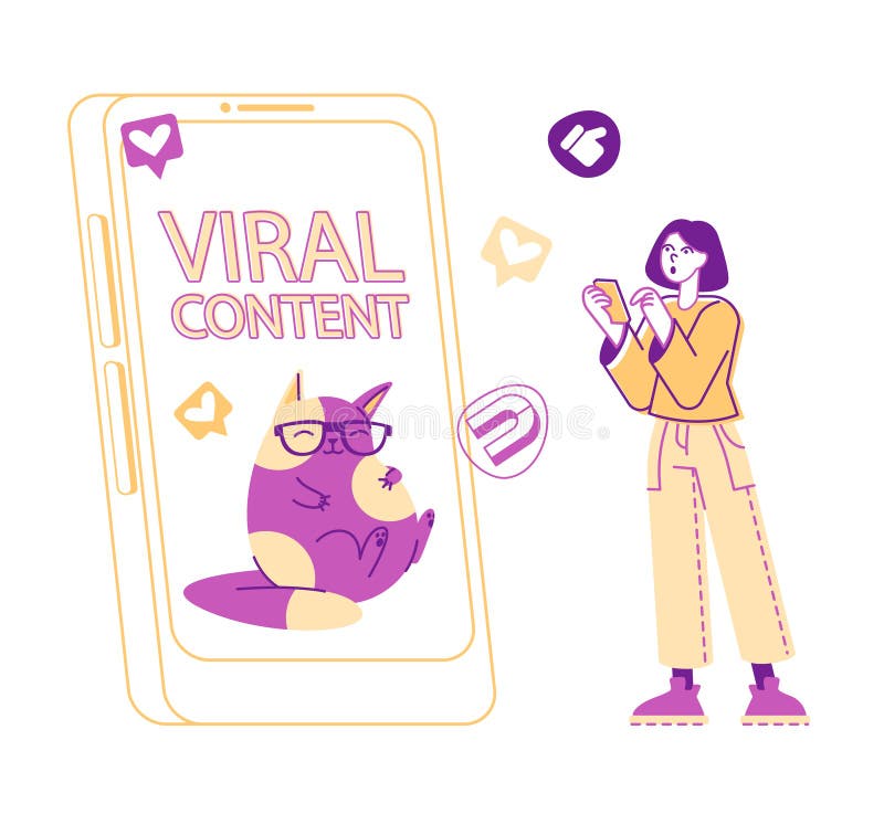 Personnage Feminin Au Minuscule Smartphone Enorme Avec Le Chat Drole A L Ecran A L Aide Du Mobile Pouce Et Icones Magnetique Illustration De Vecteur Illustration Du Ecran Illustration