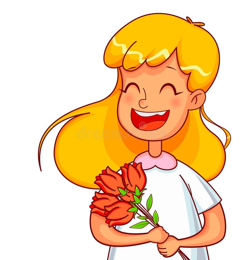 Personnages de dessin animé de fille avec un bouquet des tulipes illustration stock Personnages de dessin animé de fille avec un bouquet des tulipes illustration stock