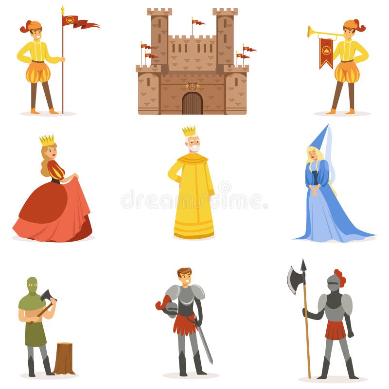 Personnages de dessin animé médiévaux et attributs européens de période historique de Moyens Âges réglés des icônes