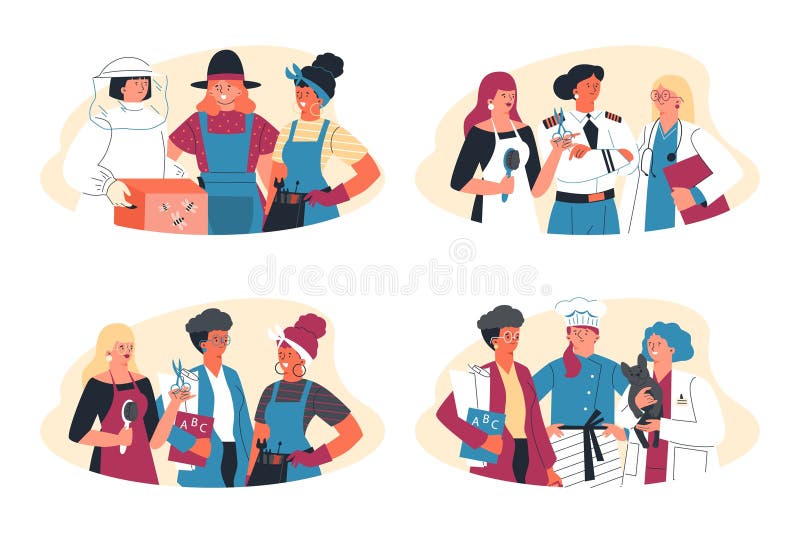 Female characters of different occupations groups collection. Women professionals cartoon characters set, flat vector illustration isolated on white background. Female characters of different occupations groups collection. Women professionals cartoon characters set, flat vector illustration isolated on white background.